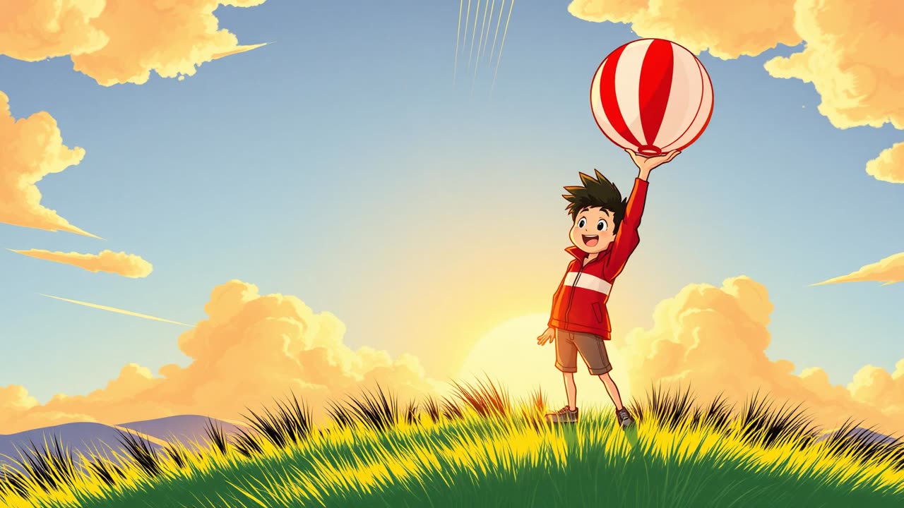 Anime trainer raising a Poké Ball against a sunburst sky